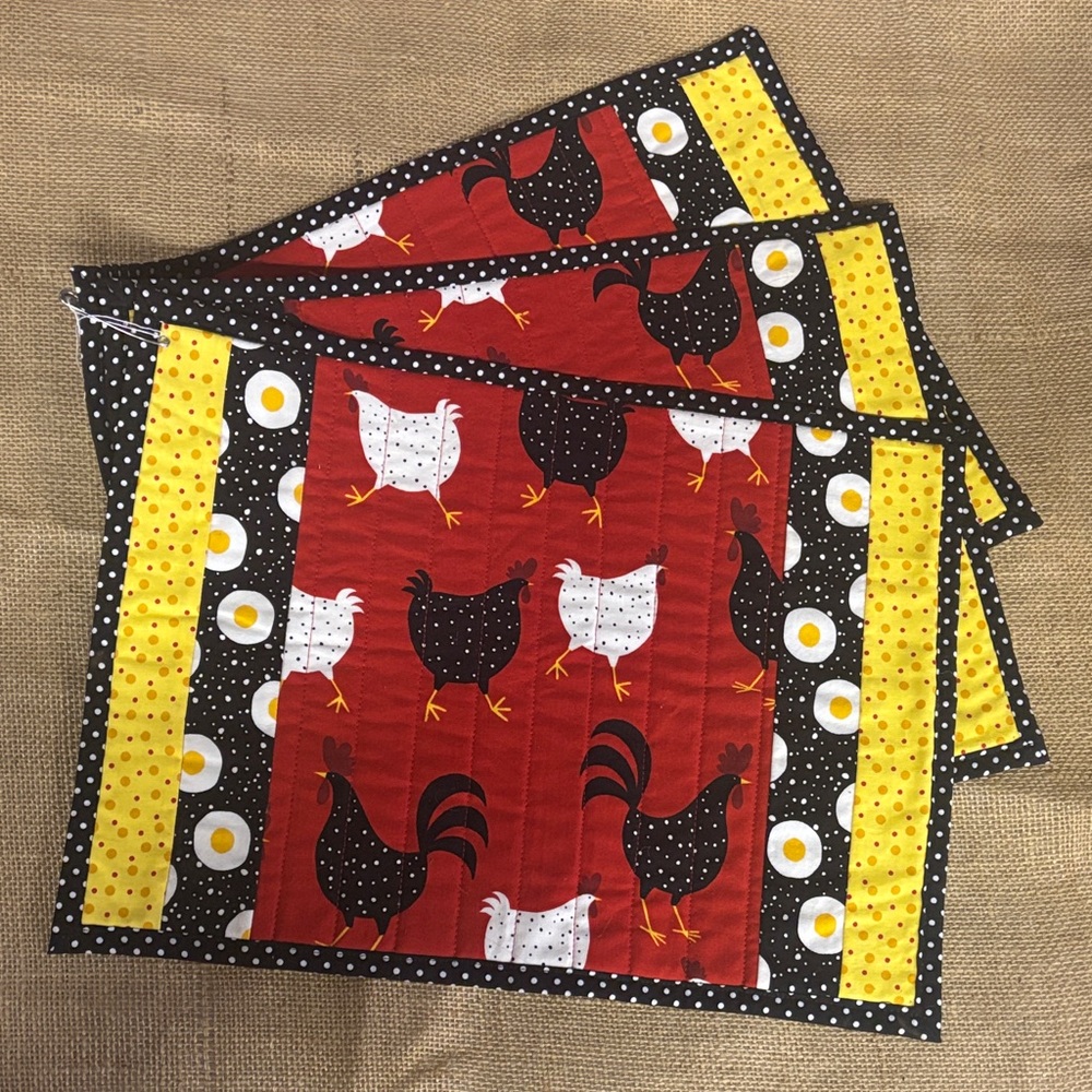 🆕 Colorful Chickens Fabric Placemats • Set of 3 • Roosters • Polka Dot •